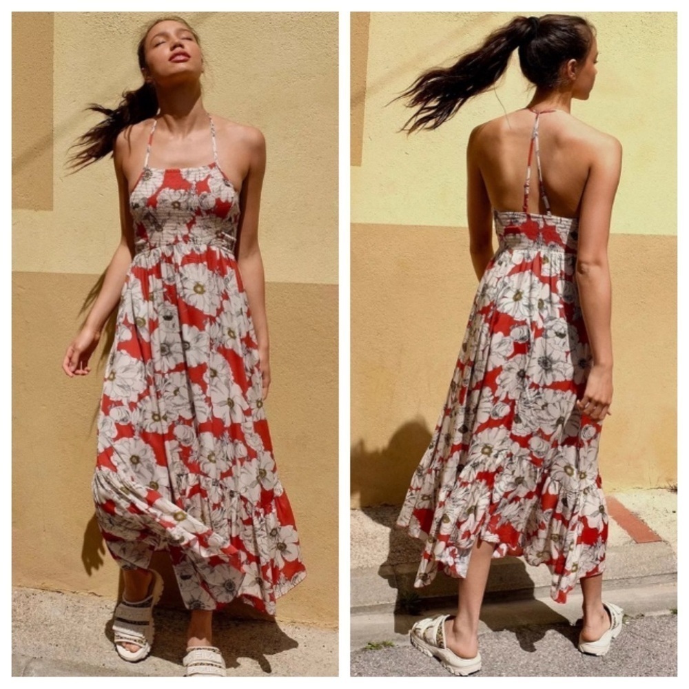 Free People Heatwave Printed Maxi Dress in Sunset Combo Red Floral 45180
